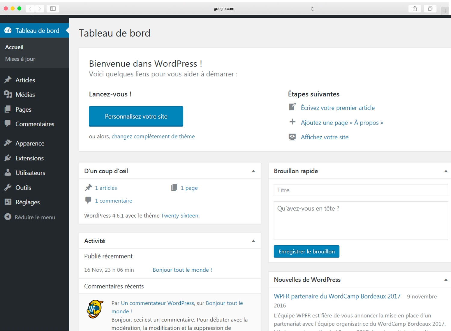 tableau de bord wordpress