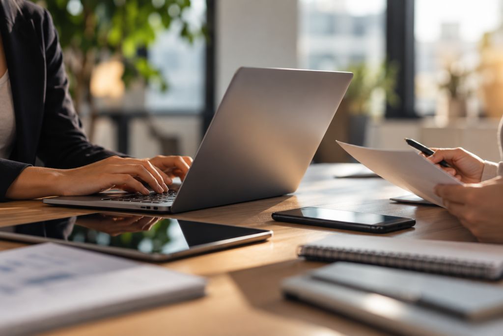 Équipe en agence d'emploi travaillant sur ordinateur, tablette et smartphone connectés